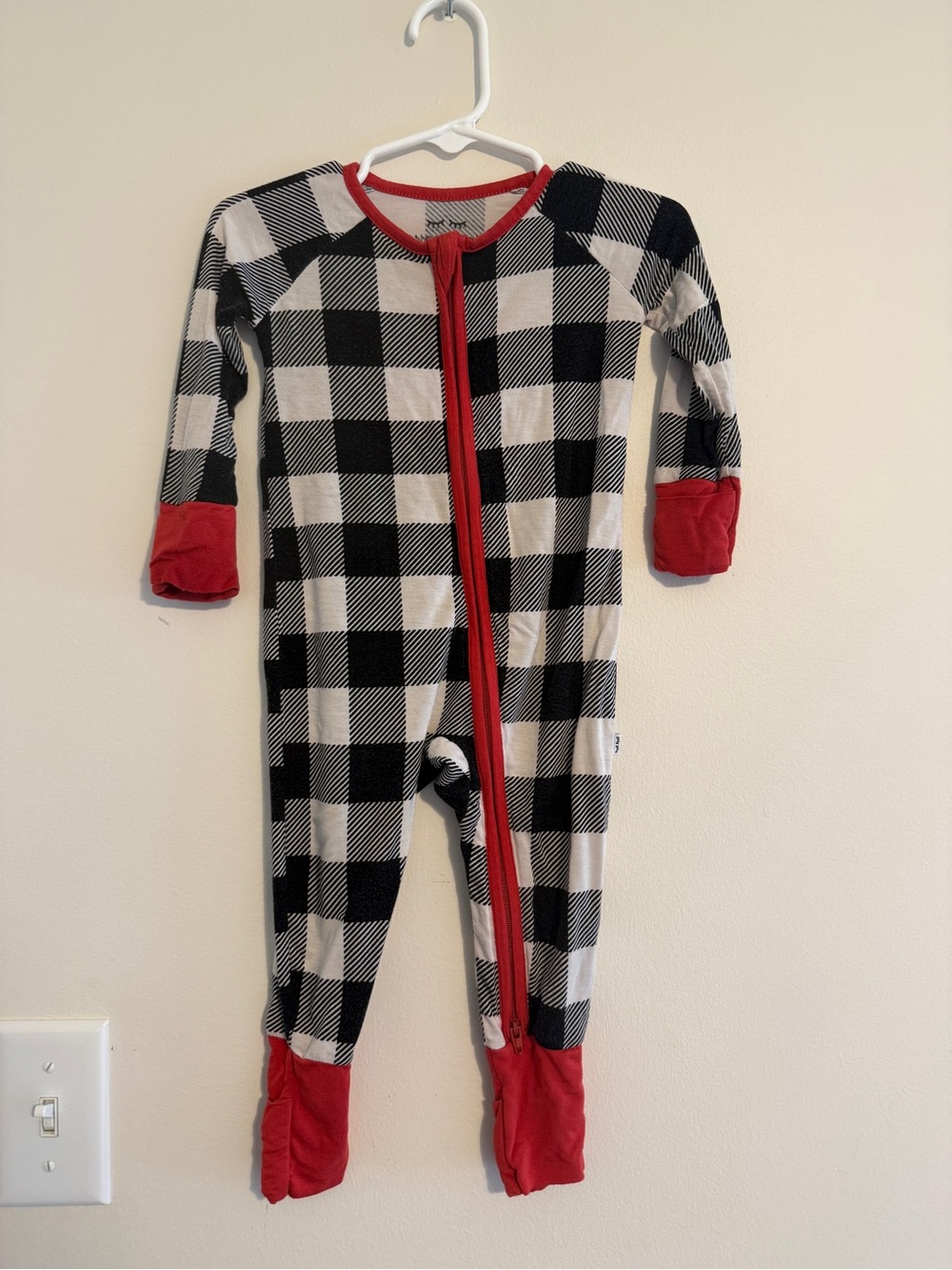 LITTLE SLEEPIES Black & White Buffalo Check Kids One-Piece with Red Trim